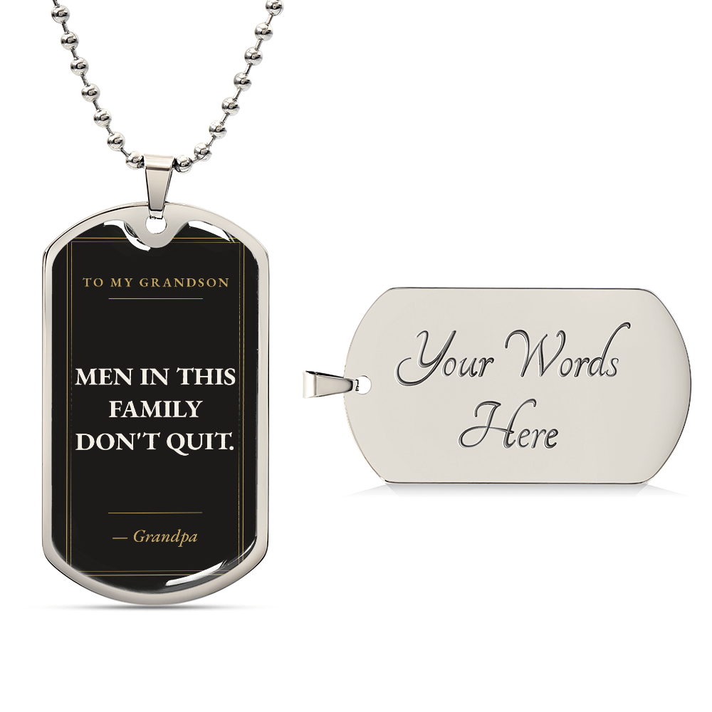 Grandson dog tag front and back showing custom engraving Your Words Here