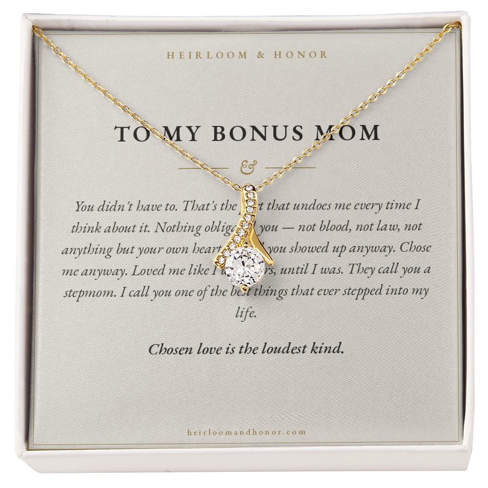 To My Bonus Mom message card with 18k yellow gold alluring beauty necklace keepsake gift