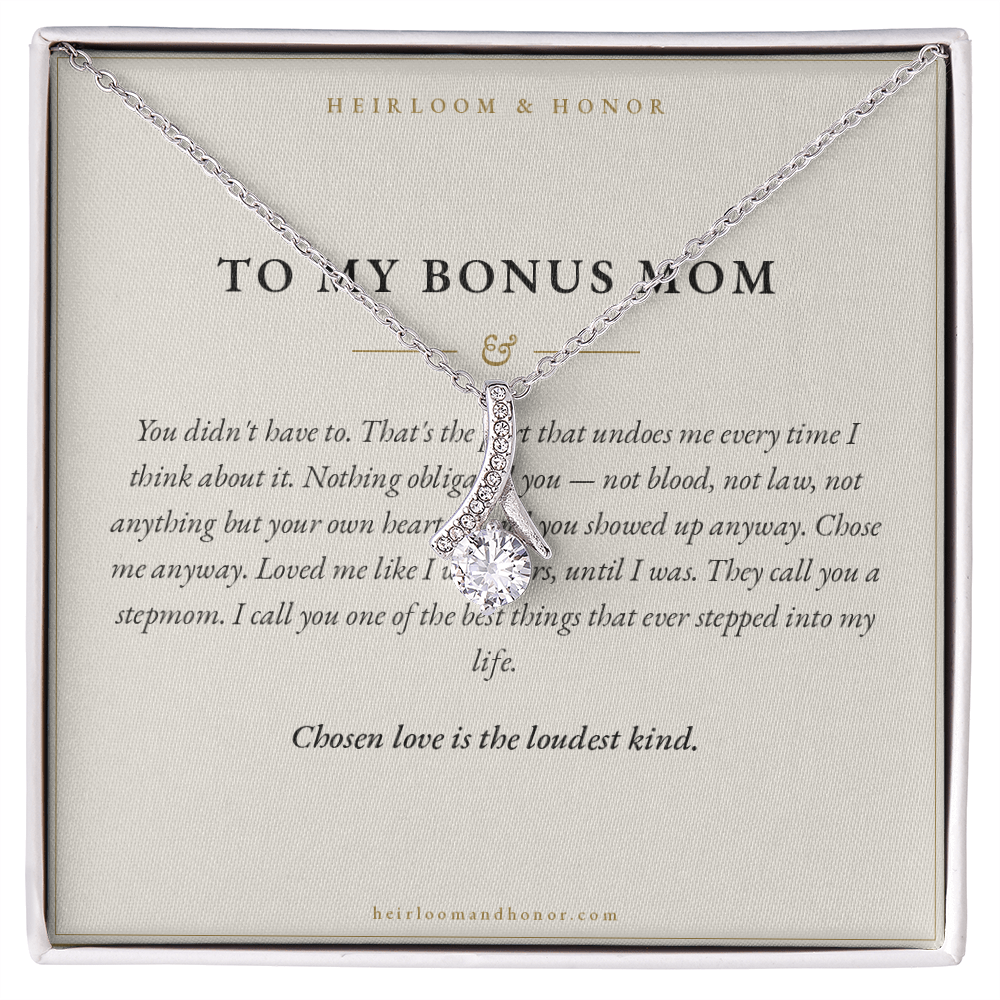 To My Bonus Mom alluring beauty necklace on You Didn't Have To message card, Heirloom & Honor