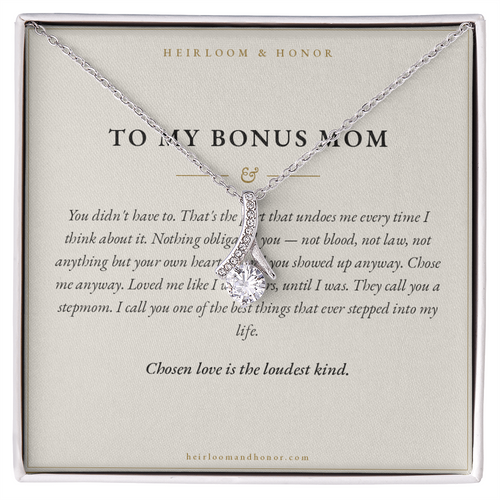 To My Bonus Mom alluring beauty necklace on You Didn't Have To message card, Heirloom & Honor