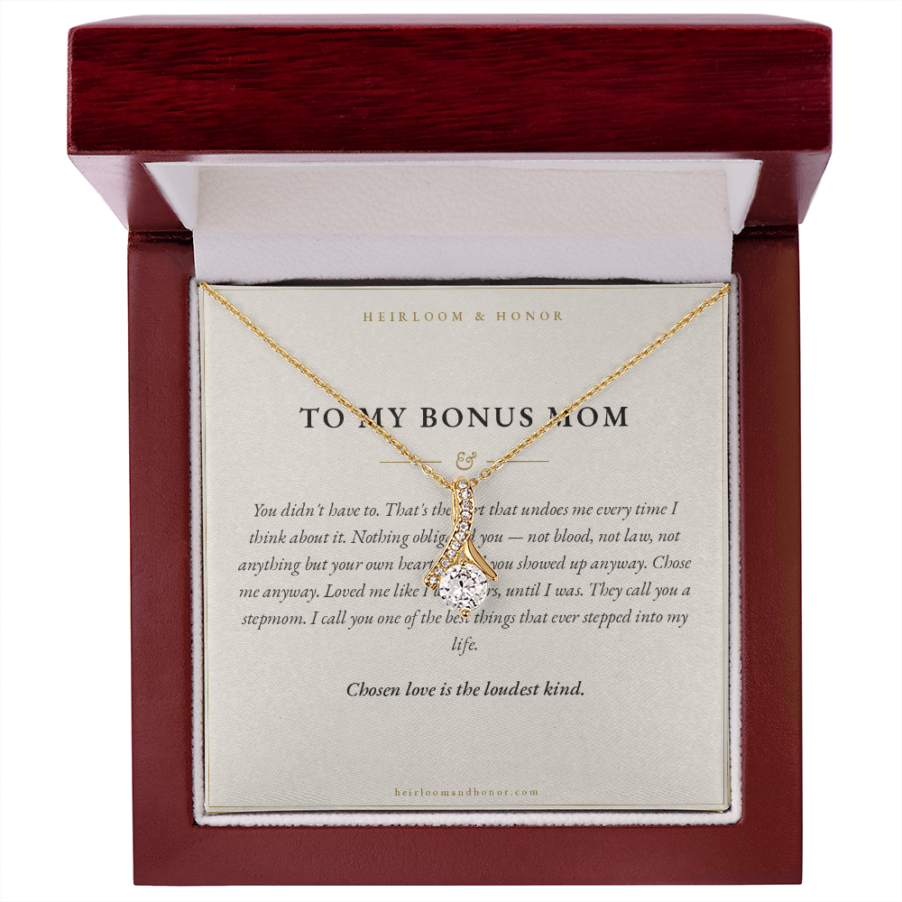 Gold Bonus Mom necklace and Chosen Love card in mahogany LED gift box