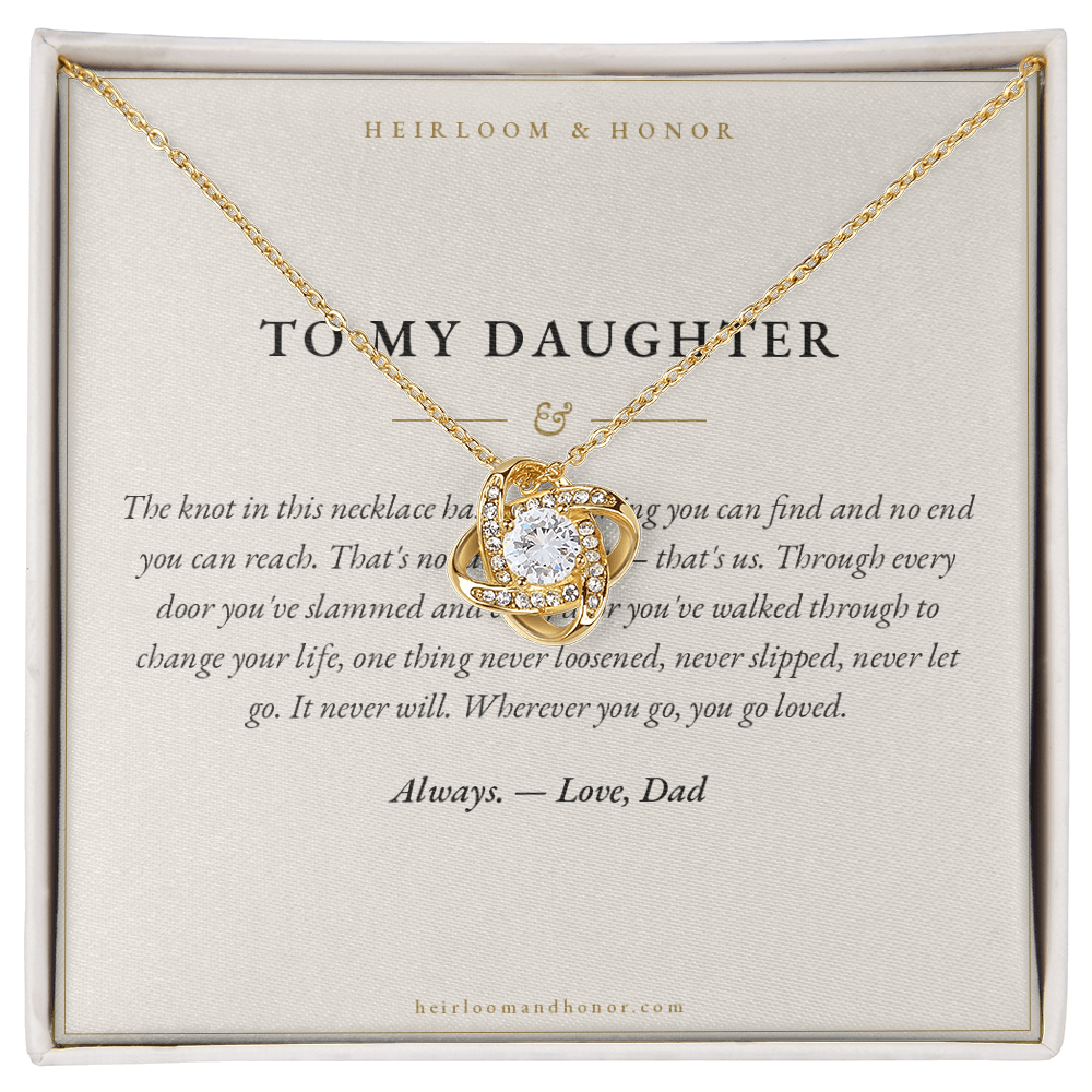 To My Daughter message card with 18k yellow gold love knot necklace keepsake gift