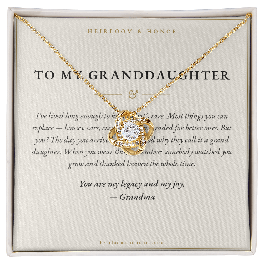 To My Granddaughter message card with 18k yellow gold love knot necklace keepsake gift