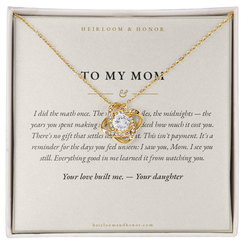 To My Mom message card with 18k yellow gold love knot necklace keepsake gift