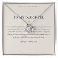 To My Daughter love knot necklace displayed on keepsake message card in gift box, Heirloom & Honor