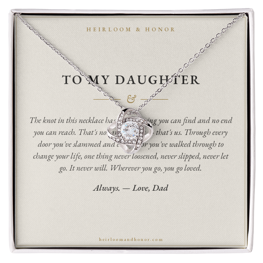 To My Daughter love knot necklace displayed on keepsake message card in gift box, Heirloom & Honor