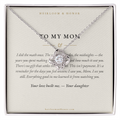 To My Mom love knot necklace displayed on keepsake message card in gift box, Heirloom & Honor