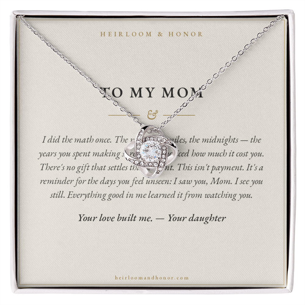 To My Mom love knot necklace displayed on keepsake message card in gift box, Heirloom & Honor