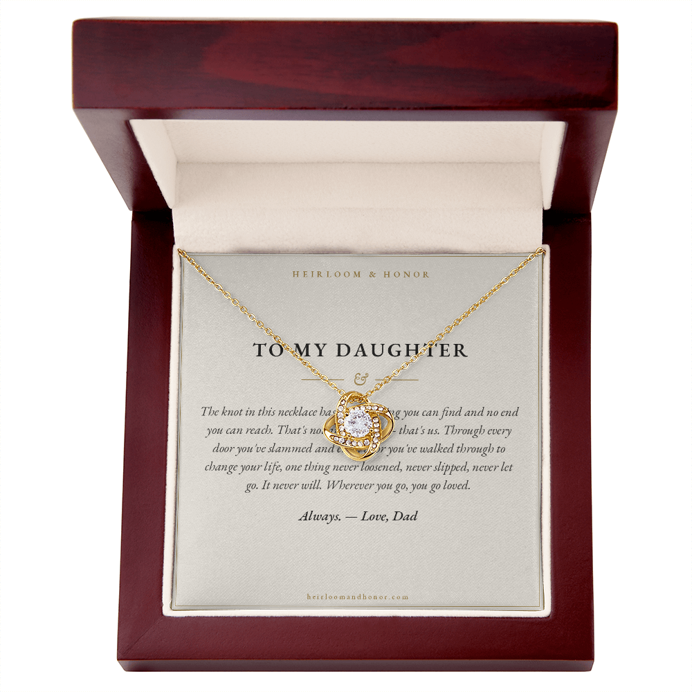 To My Daughter message card with 18k gold love knot necklace in mahogany gift box