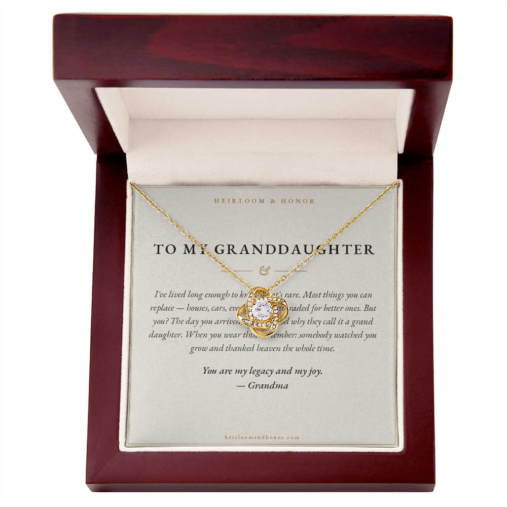To My Granddaughter message card with 18k gold love knot necklace in mahogany gift box