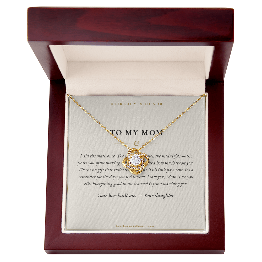 To My Mom message card with 18k gold love knot necklace in mahogany gift box