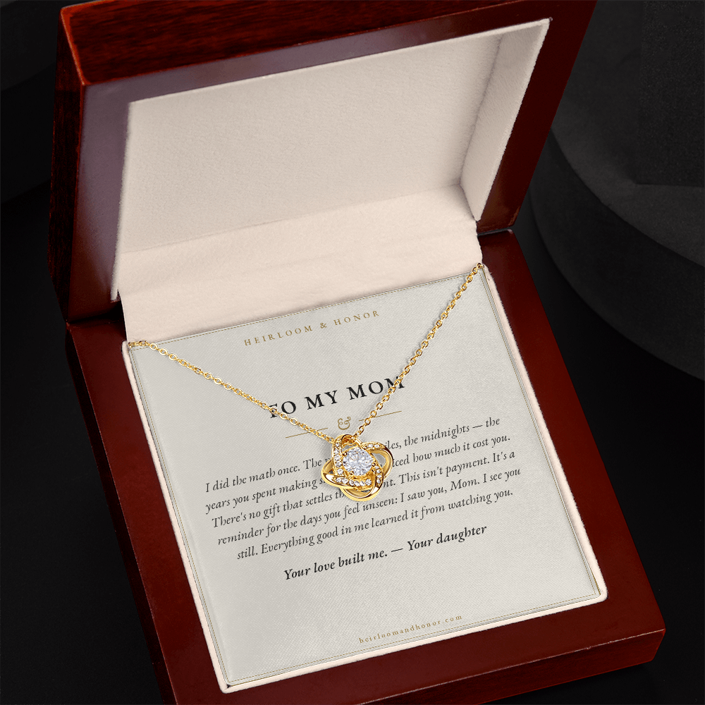 Open mahogany gift box with To My Mom keepsake message card and gold love knot necklace
