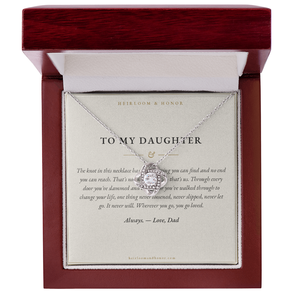 To My Daughter love knot necklace and message card in luxury mahogany LED gift box