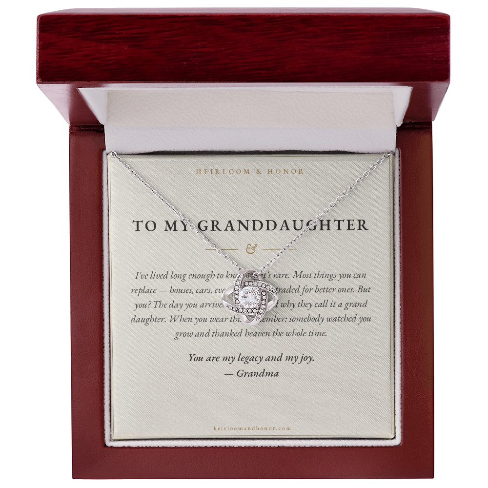 To My Granddaughter love knot necklace and message card in luxury mahogany LED gift box