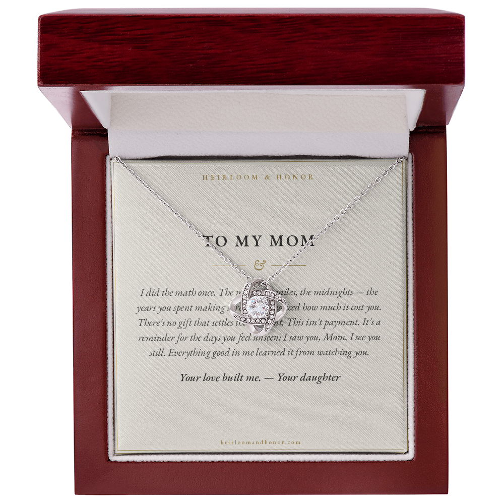 To My Mom love knot necklace and message card in luxury mahogany LED gift box