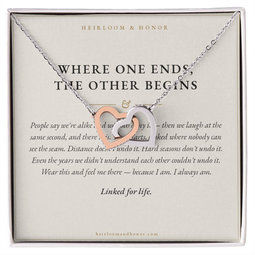 Mother and Daughter interlocking hearts necklace on Linked for Life message card, Heirloom & Honor