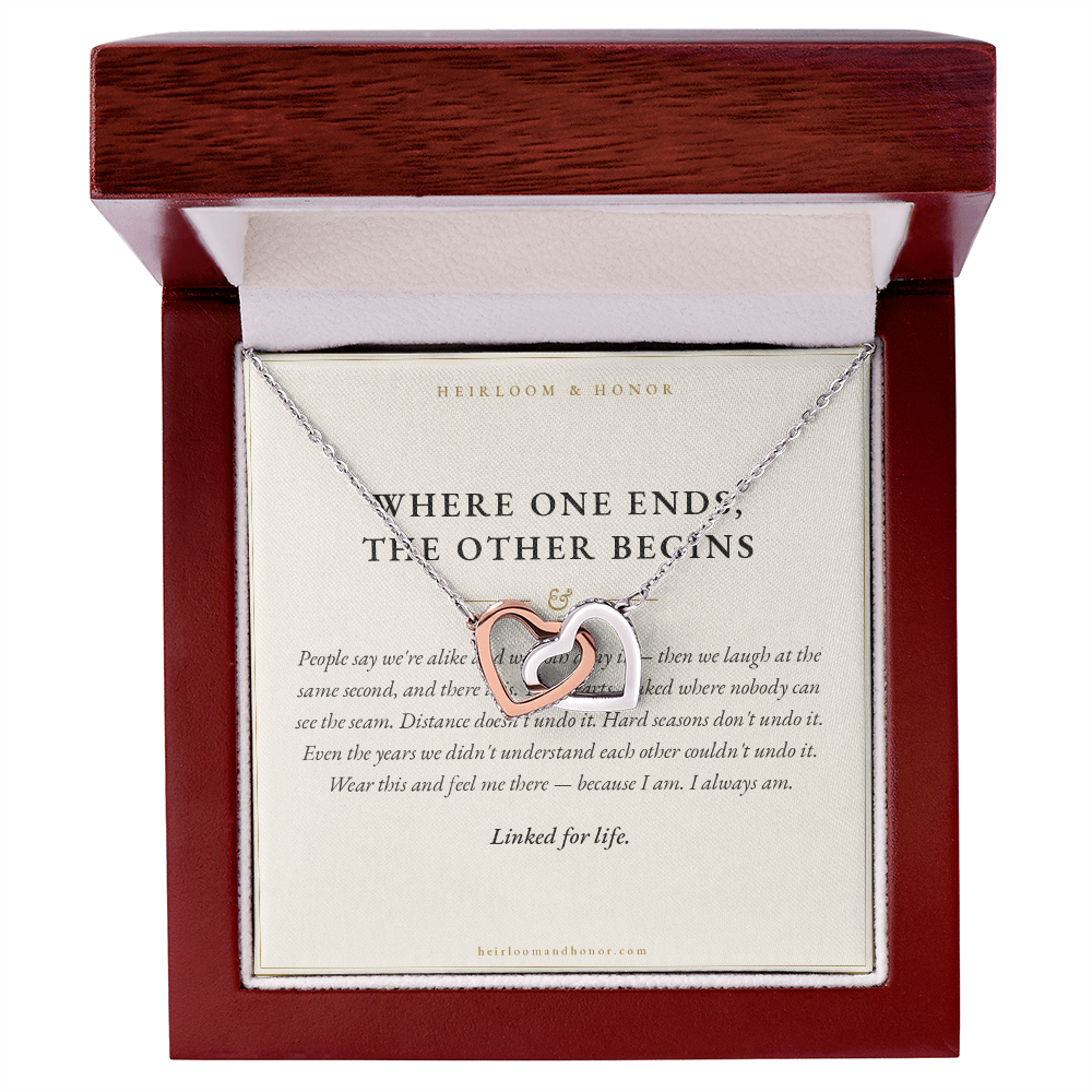 Interlocking hearts necklace and Linked for Life card in luxury mahogany LED gift box