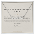 Custom name necklace Isabella script pendant on The First Word She Ever Knew message card