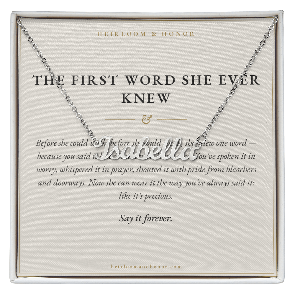 Custom name necklace Isabella script pendant on The First Word She Ever Knew message card
