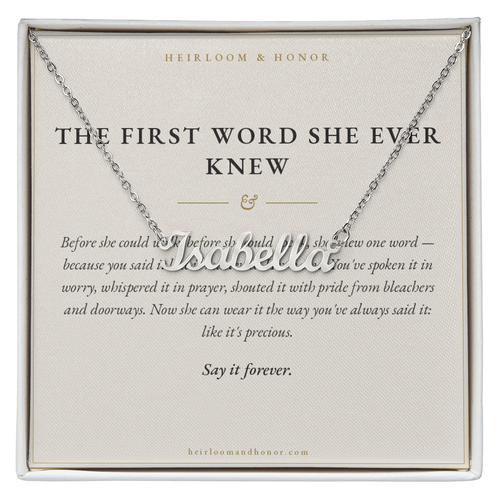 Custom name necklace Isabella script pendant on The First Word She Ever Knew message card