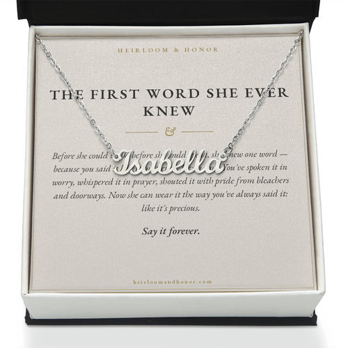 Personalized name necklace on keepsake message card in white gift box
