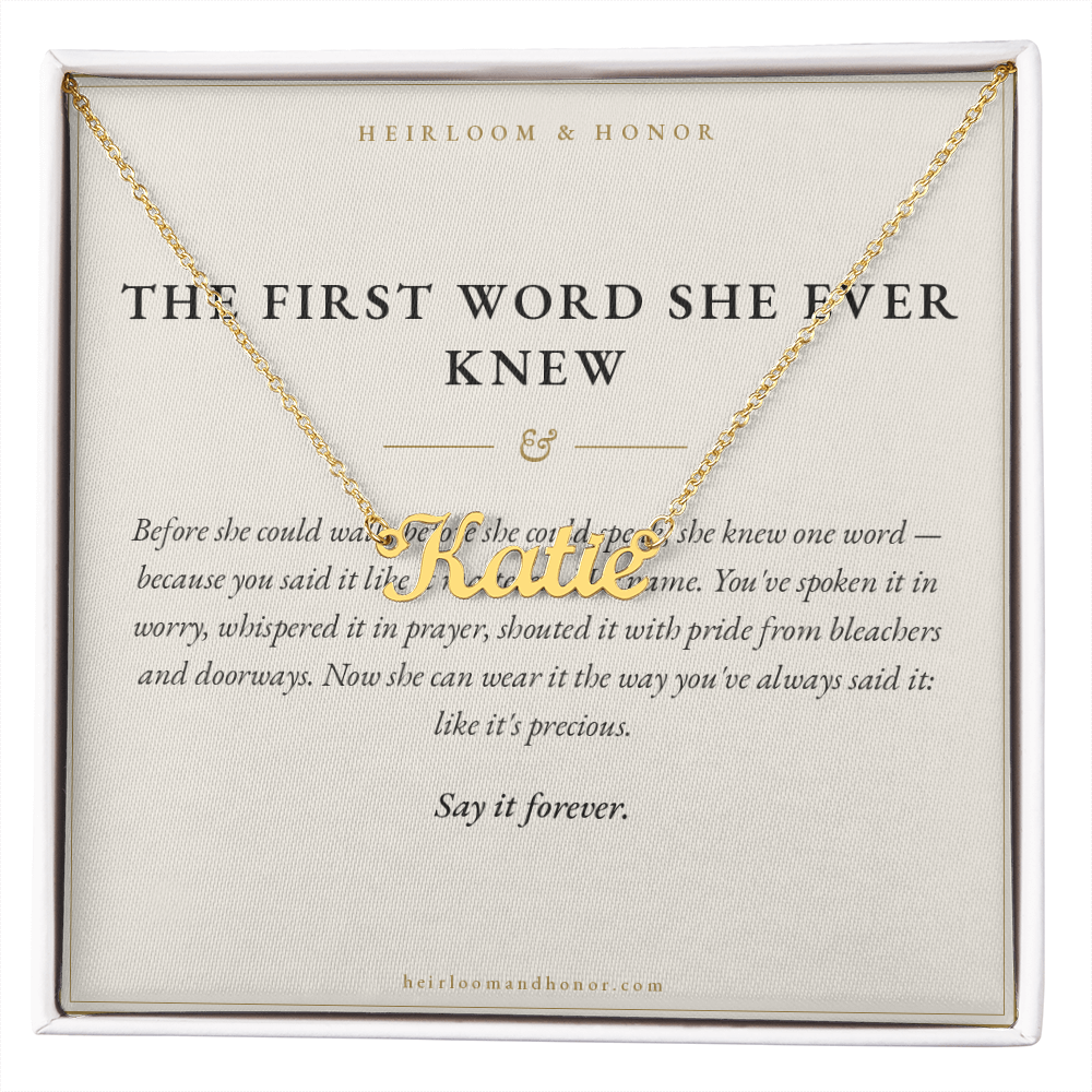 Custom name necklace Katie in 18k gold script on keepsake message card