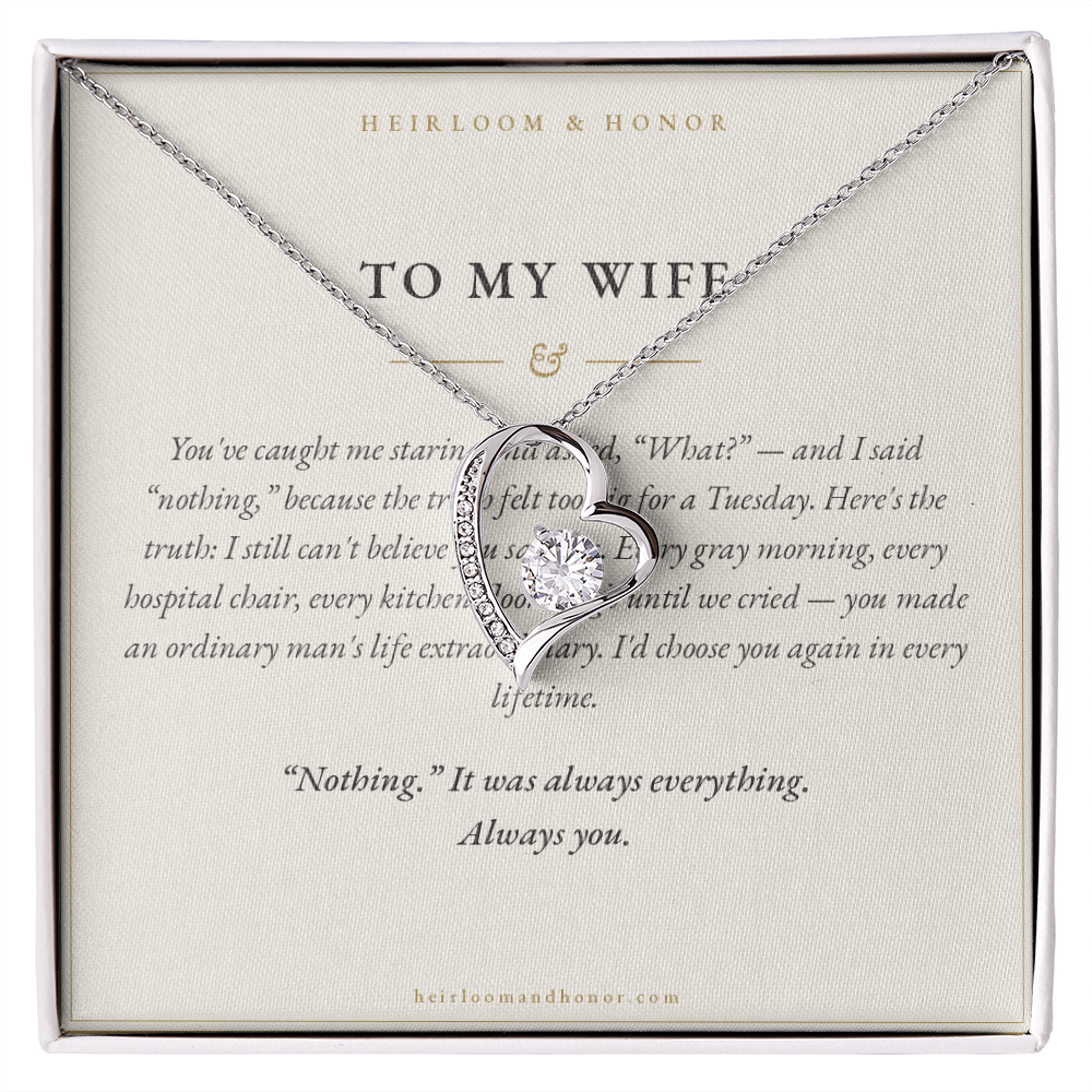 To My Wife Forever Love heart necklace displayed on keepsake message card in gift box, Heirloom & Honor