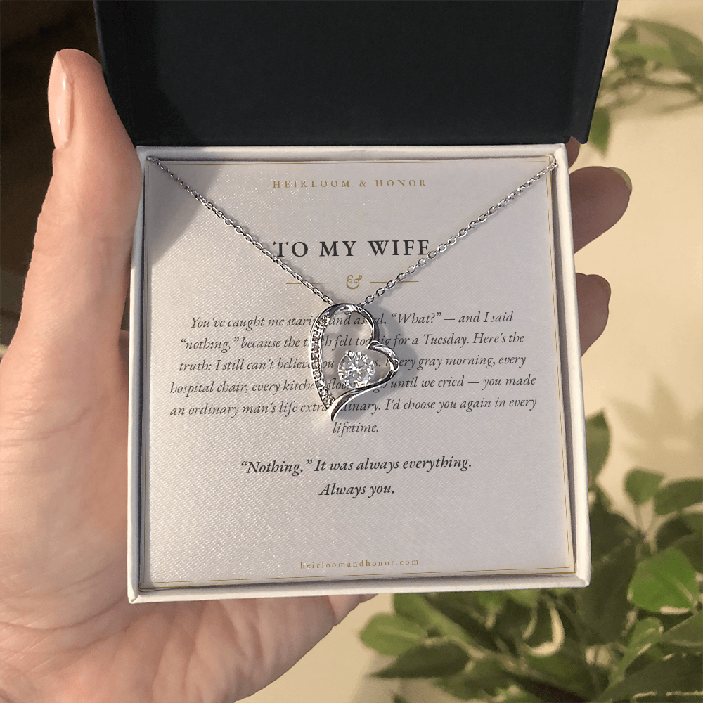 Hand holding open gift box with To My Wife message card and Forever Love heart necklace