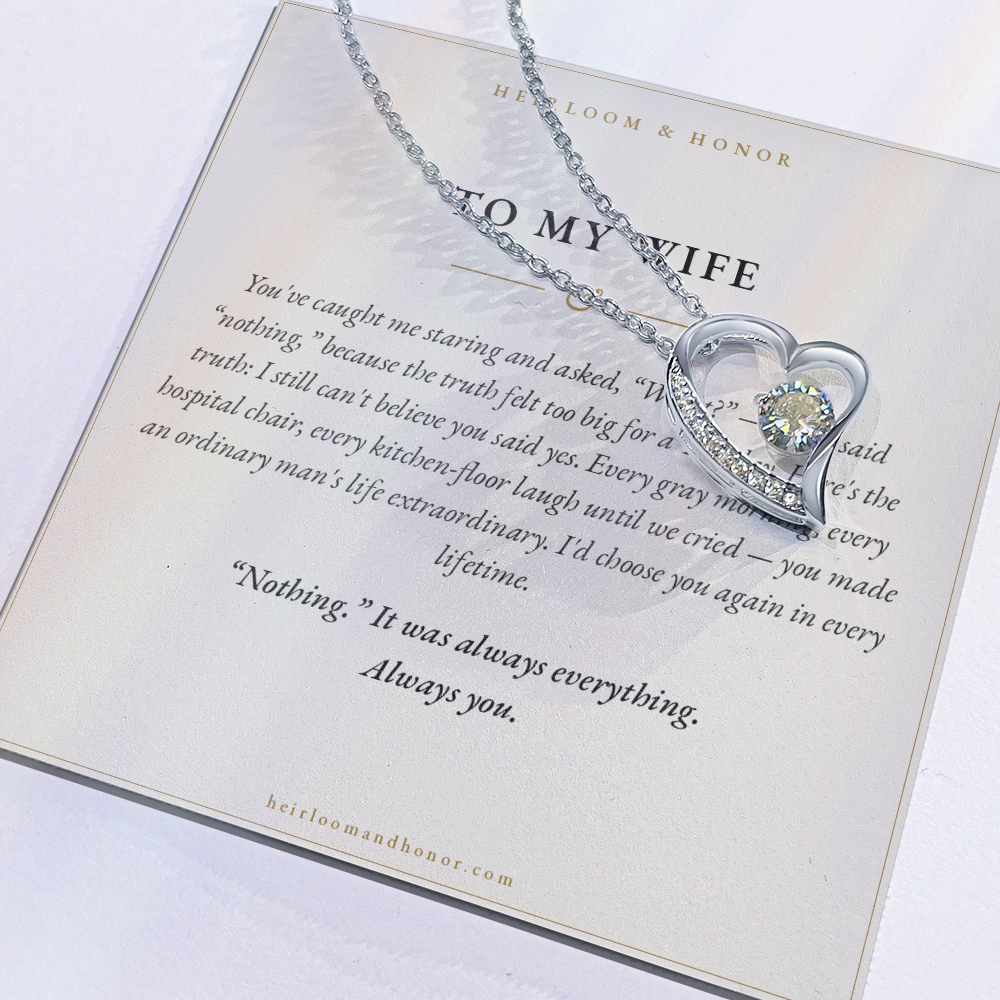 Close-up of Forever Love heart pendant with crystal on To My Wife message card
