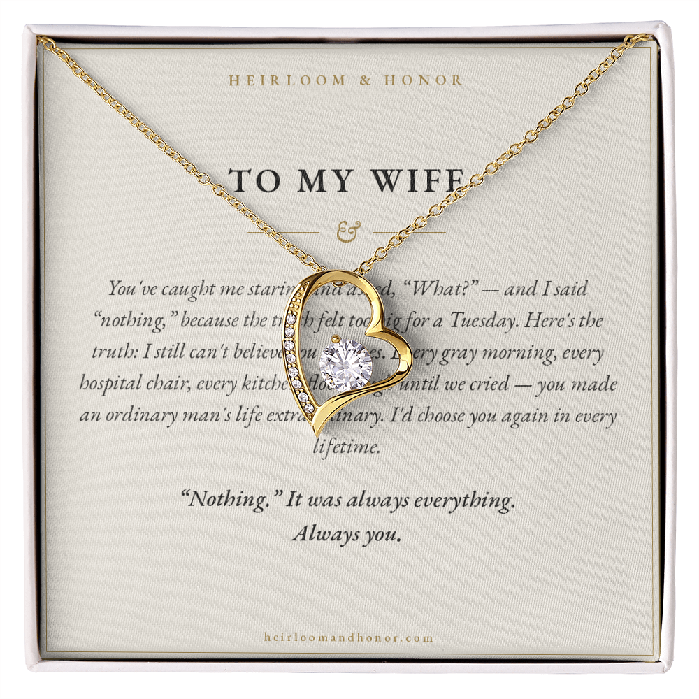 To My Wife message card with 18k yellow gold Forever Love heart necklace keepsake gift