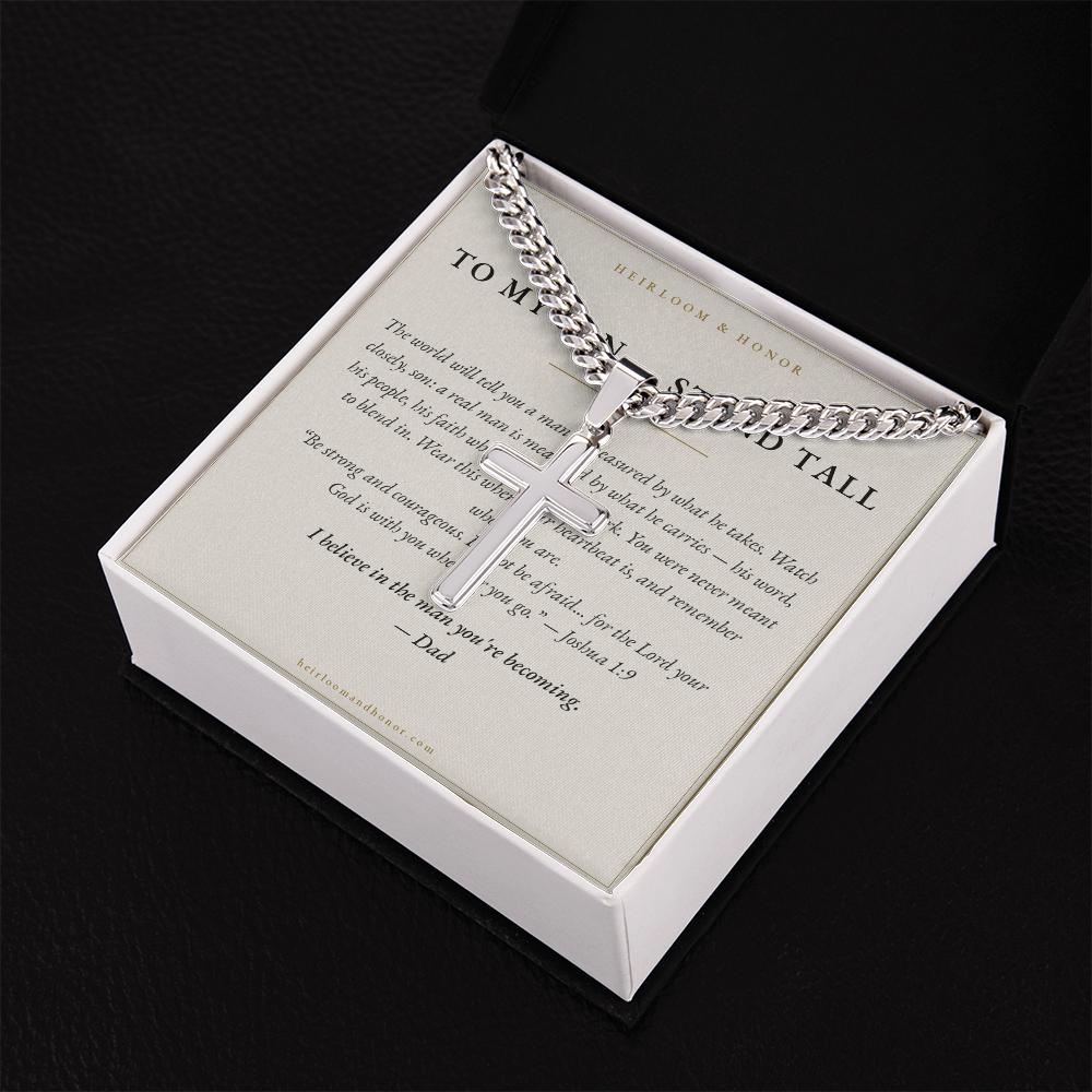 To My Son cross necklace with Cuban chain on message card in white gift box