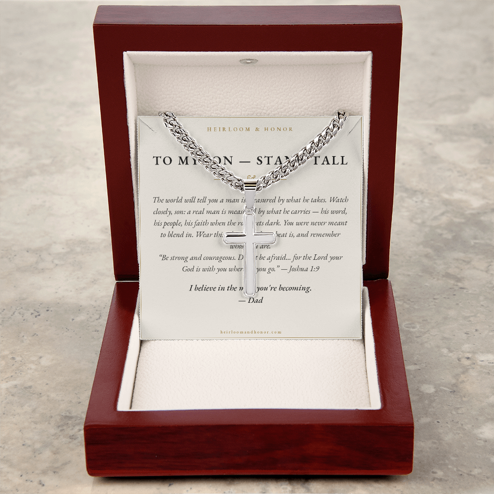 To My Son message card with cross necklace displayed in open mahogany gift box