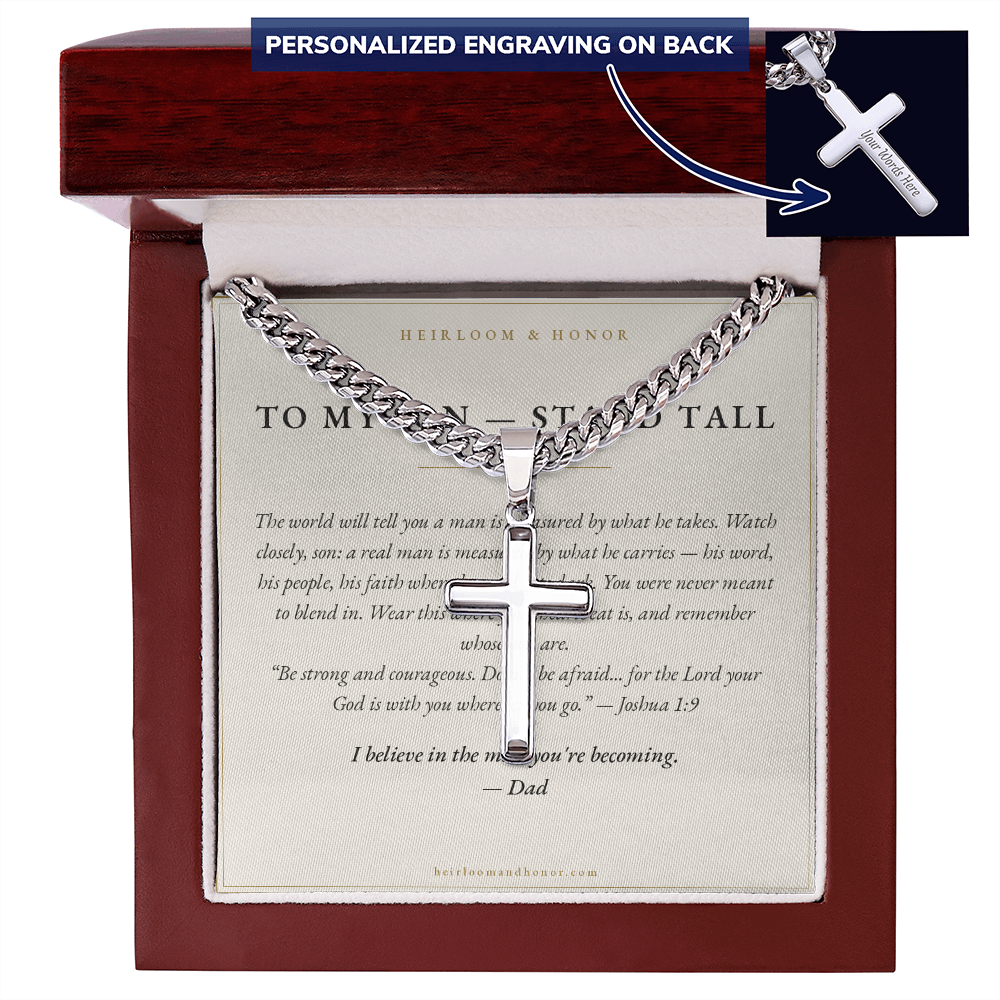 To My Son cross necklace and Stand Tall message card in luxury mahogany LED gift box
